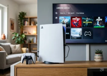 Console PlayStation 5 e interfaccia del negozio digitale per i giochi