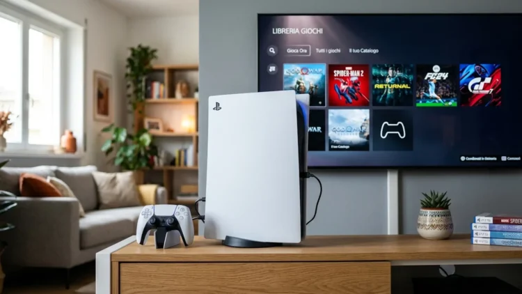Console PlayStation 5 e interfaccia del negozio digitale per i giochi
