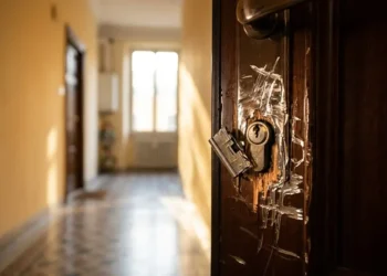 Particolare di una serratura forzata durante un tentato furto in un appartamento a Modica Sorda