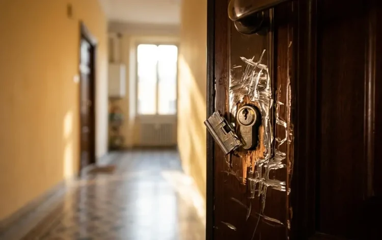 Particolare di una serratura forzata durante un tentato furto in un appartamento a Modica Sorda