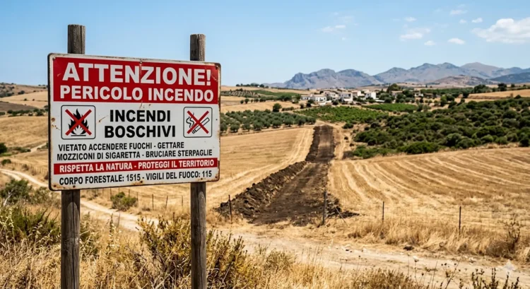 Cartello di prevenzione incendi e fascia parafuoco in un terreno agricolo