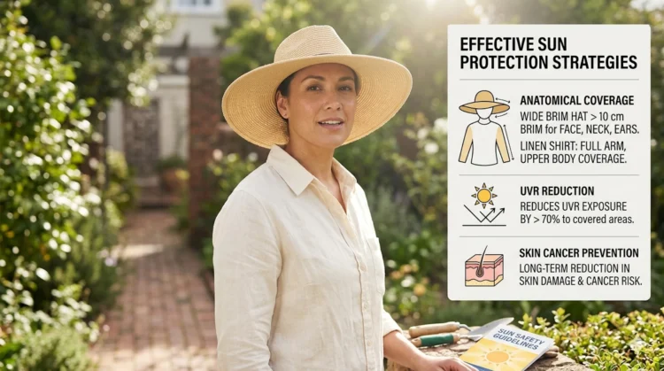 Persona con abbigliamento protettivo contro i raggi UV e cappello a tesa larga