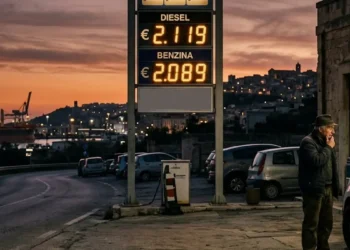 Distributore carburante con prezzi diesel record in Italia durante la crisi dello Stretto di Hormuz 2026
