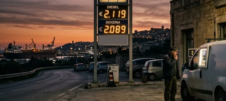 Distributore carburante con prezzi diesel record in Italia durante la crisi dello Stretto di Hormuz 2026