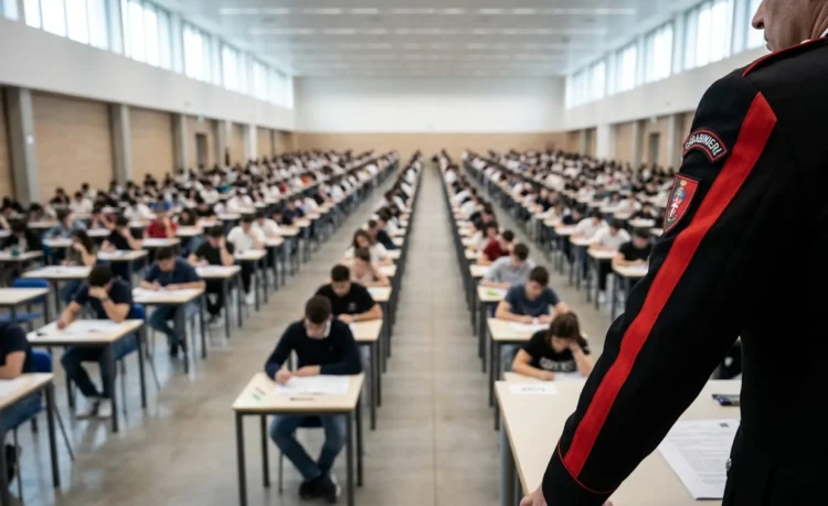 Una sala d'esame pronta per lo svolgimento delle prove scritte del concorso allievi carabinieri.