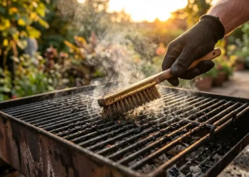 Pulizia di una griglia da barbecue con spazzola professionale