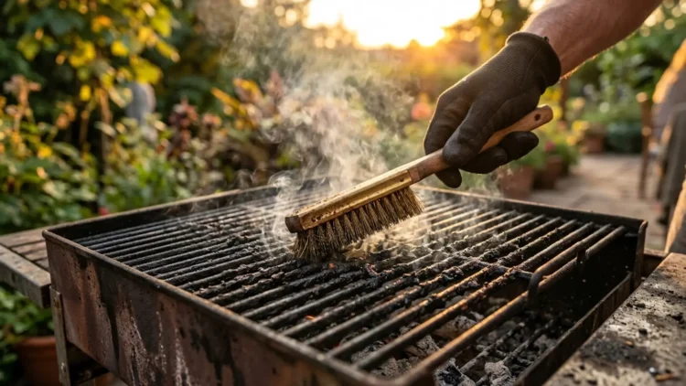 Pulizia di una griglia da barbecue con spazzola professionale