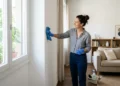 Persona che utilizza un panno morbido per pulire i muri interni di una casa