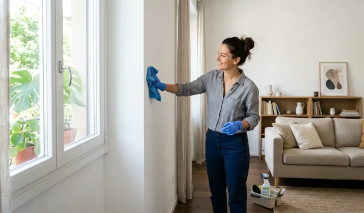 Persona che utilizza un panno morbido per pulire i muri interni di una casa