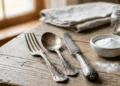 Posate d'argento ossidate accanto a ingredienti naturali per la pulizia