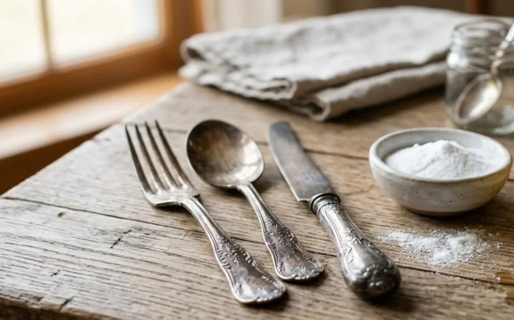 Posate d'argento ossidate accanto a ingredienti naturali per la pulizia