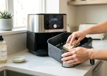 Persona che lava accuratamente il cestello di una friggitrice ad aria con una spugna morbida