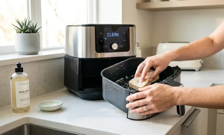 Persona che lava accuratamente il cestello di una friggitrice ad aria con una spugna morbida