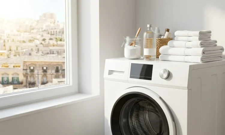 Un barattolo di bicarbonato e una bottiglia d'aceto sopra una lavatrice con asciugamani puliti.