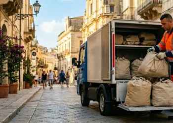 Operatori ecologici impegnati nella raccolta indumenti usati