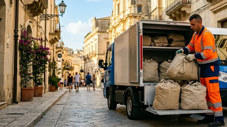 Operatori ecologici impegnati nella raccolta indumenti usati