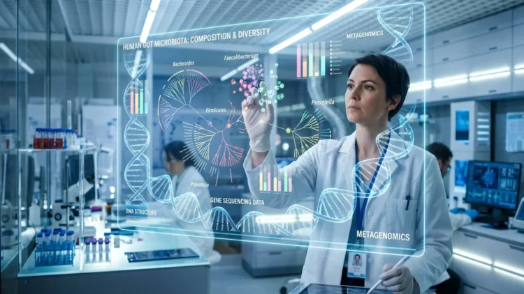 Rappresentazione grafica del microbioma intestinale e della ricerca scientifica sulla malattia di Parkinson.