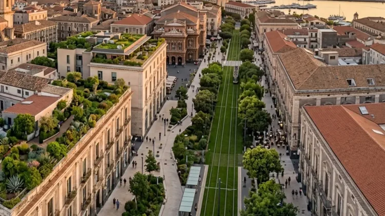Progetto di rigenerazione urbana a Catania con aree verdi e pavimentazione drenante.