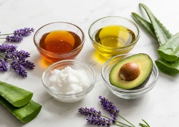 Ingredienti naturali per maschere contro i capelli crespi: miele, olio extravergine di oliva, olio di cocco e aloe vera