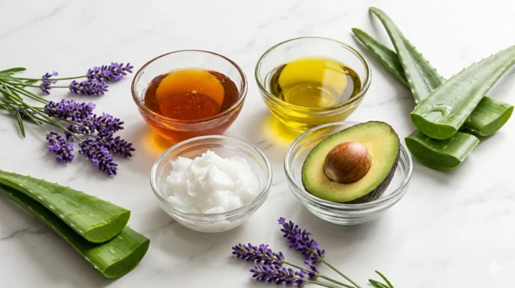 Ingredienti naturali per maschere contro i capelli crespi: miele, olio extravergine di oliva, olio di cocco e aloe vera