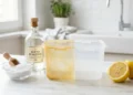 Ingredienti naturali come limone, aceto e bicarbonato disposti su un piano per pulire la plastica ingiallita