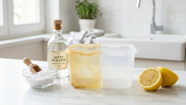 Ingredienti naturali come limone, aceto e bicarbonato disposti su un piano per pulire la plastica ingiallita