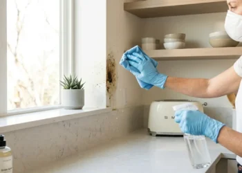 Persona con guanti e mascherina mentre utilizza uno spray per togliere la muffa da una parete bianca