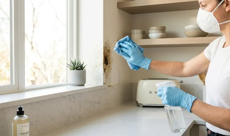 Persona con guanti e mascherina mentre utilizza uno spray per togliere la muffa da una parete bianca