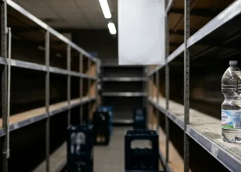 Scaffali vuoti in un supermercato e rincari del prezzo dell'acqua minerale a causa della crisi internazionale