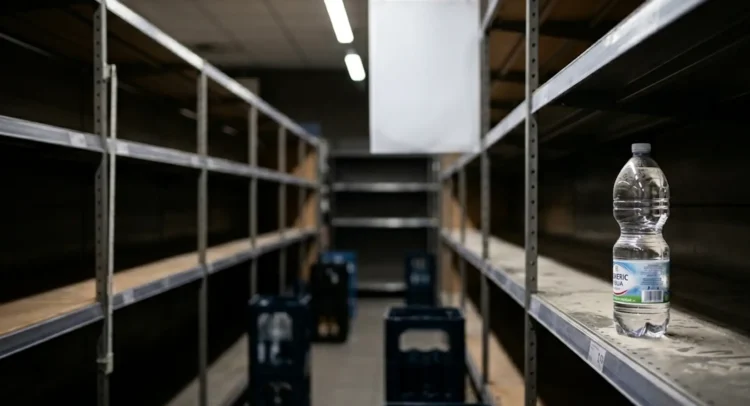 Scaffali vuoti in un supermercato e rincari del prezzo dell'acqua minerale a causa della crisi internazionale