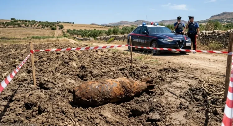 Un vecchio ordigno bellico arrugginito adagiato su un terreno agricolo appena arato, delimitato da nastro segnaletico bianco e rosso. Sullo sfondo, una pattuglia dei Carabinieri e due militari in servizio in una zona rurale.