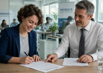 Datore di lavoro e giovane collaboratore che discutono di incentivi e contratti in ufficio.