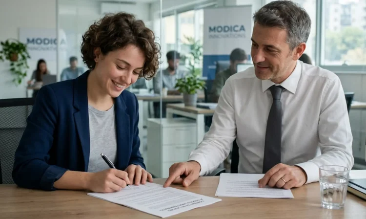 Datore di lavoro e giovane collaboratore che discutono di incentivi e contratti in ufficio.