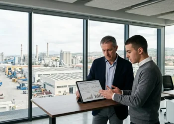 Datore di lavoro e giovane collaboratore che discutono di incentivi e contratti in ufficio.