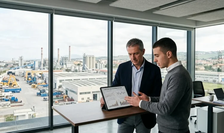 Datore di lavoro e giovane collaboratore che discutono di incentivi e contratti in ufficio.