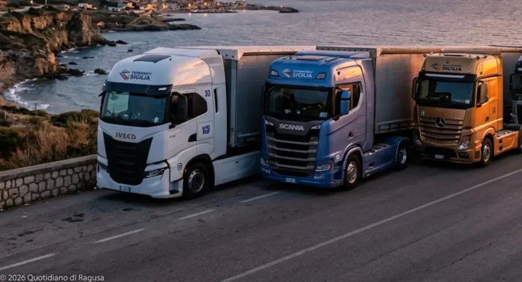 Camion parcheggiati in Sicilia durante la sospensione dello sciopero degli autotrasportatori.
