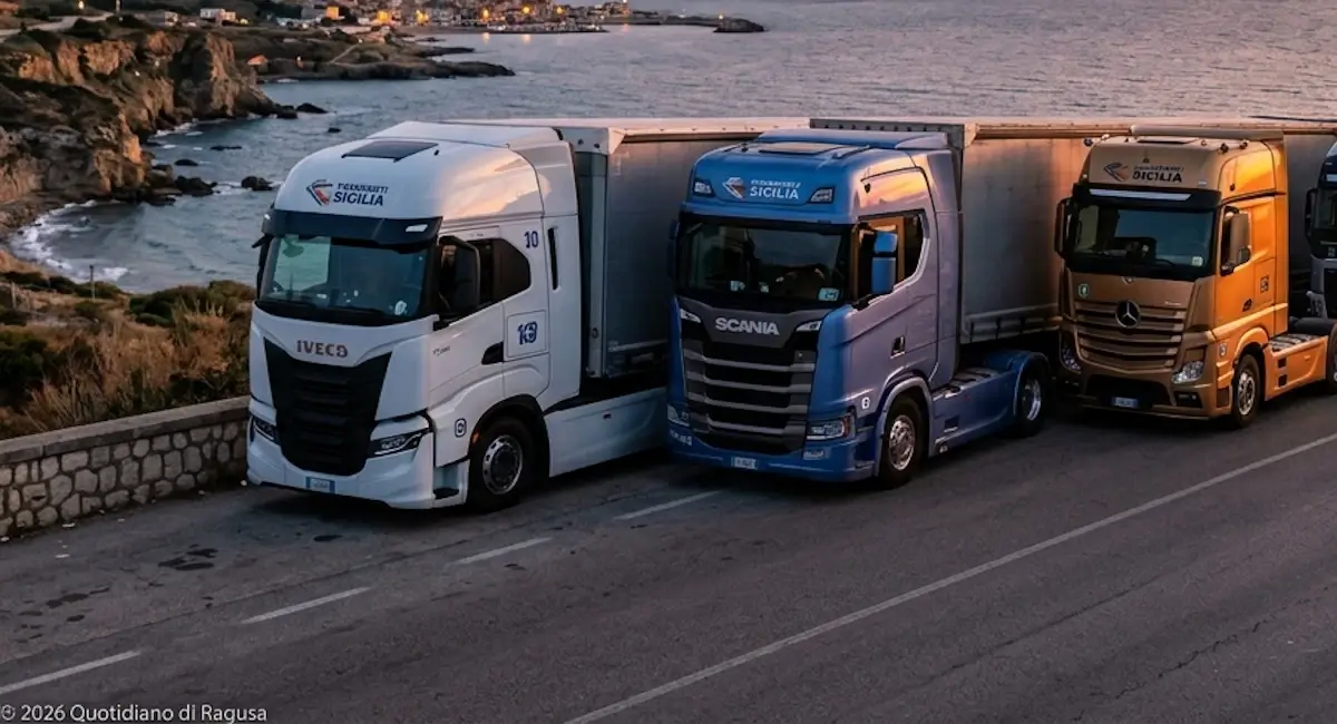 Camion parcheggiati in Sicilia durante la sospensione dello sciopero degli autotrasportatori.