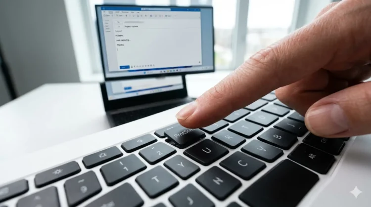 Tastiera di laptop con dito vicino al tasto Stamp per fare uno screenshot su PC Windows da inviare via email