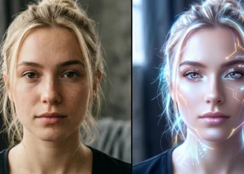 Confronto tra un volto reale e una versione alterata dai filtri digitali di bellezza