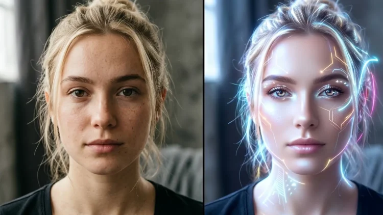 Confronto tra un volto reale e una versione alterata dai filtri digitali di bellezza