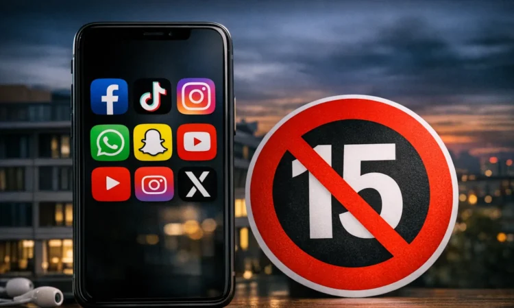Uno smartphone con icone social e un segnale di divieto per rappresentare il limite dei social network ai minori di 15 anni.