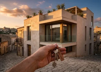 Una chiave di casa tenuta in mano davanti a un complesso residenziale a Ragusa