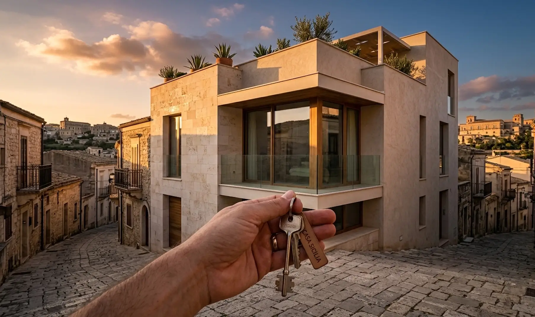 Una chiave di casa tenuta in mano davanti a un complesso residenziale a Ragusa