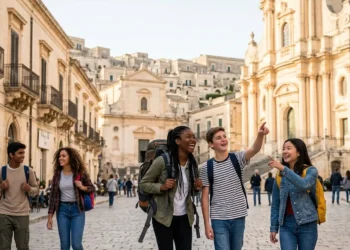 Un gruppo di studenti delle superiori durante un viaggio di istruzione in una città d'arte.