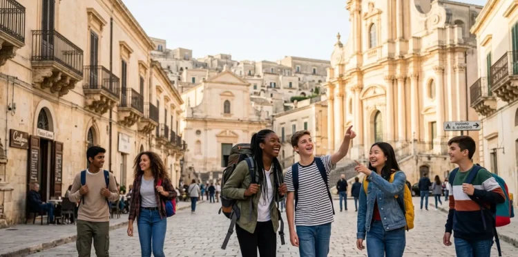 Un gruppo di studenti delle superiori durante un viaggio di istruzione in una città d'arte.