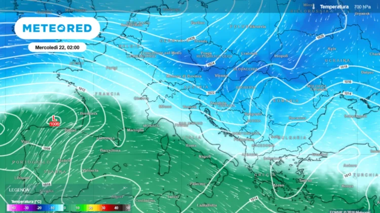 Mappa meteorologica dell'Italia che mostra l'arrivo di aria fredda dal Nord Europa
