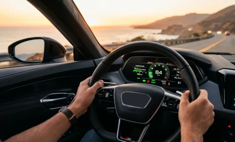 Dashboard digitale di un'auto che mostra l'efficienza dei consumi di carburante.