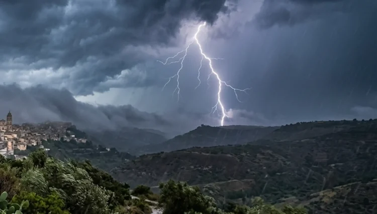 Cielo scuro e pioggia intensa durante il maltempo in Sicilia causato dal vortice afro-mediterraneo