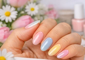 Manicure professionale con le tendenze unghie primavera 2026 in tonalità verde pistacchio e lilla pastello