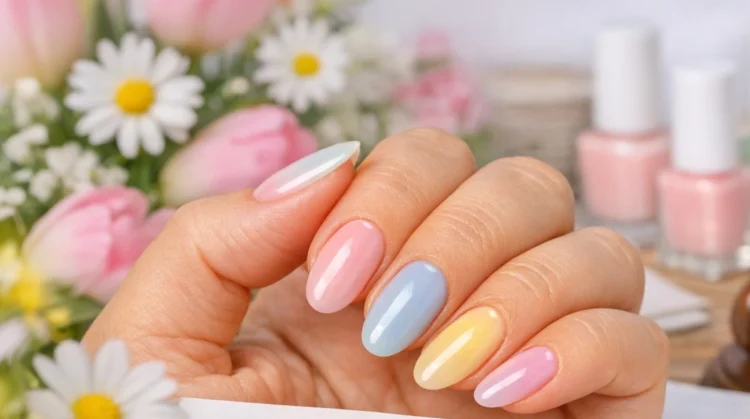 Manicure professionale con le tendenze unghie primavera 2026 in tonalità verde pistacchio e lilla pastello